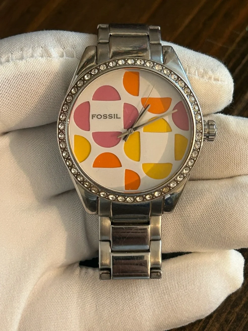 Fossil Silver Bracelet Watch with Pink, Orange and Yellow Accents